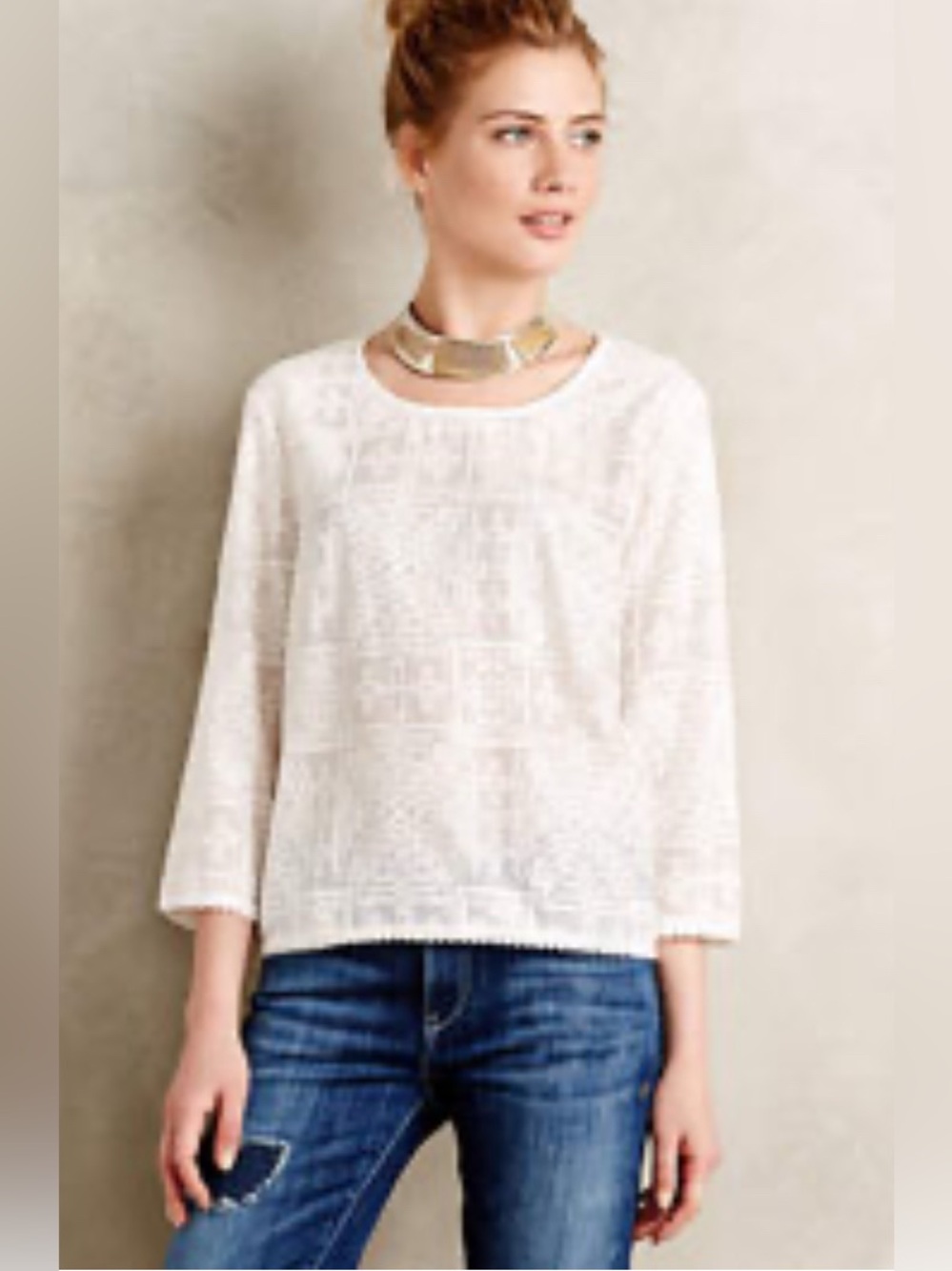 Anthropologie Maeve Ivory Geometric Crochet Boho Lace Blouse 3/4 Sleeve Size L